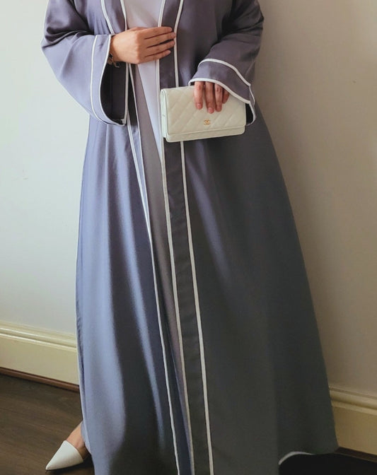 Abaya white piping open grey abaya